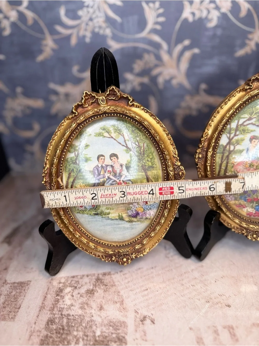 Vintage Courting Couple Silk Embroidery Convex Glass Wall Art Set 2